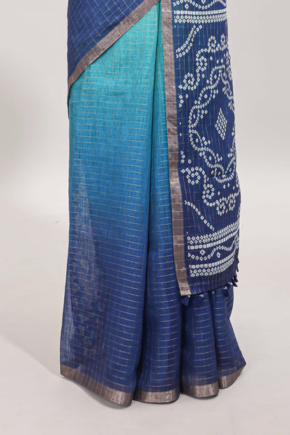 Green and blue dual shade checked checked linen cotton saree with self zari border printed blouse