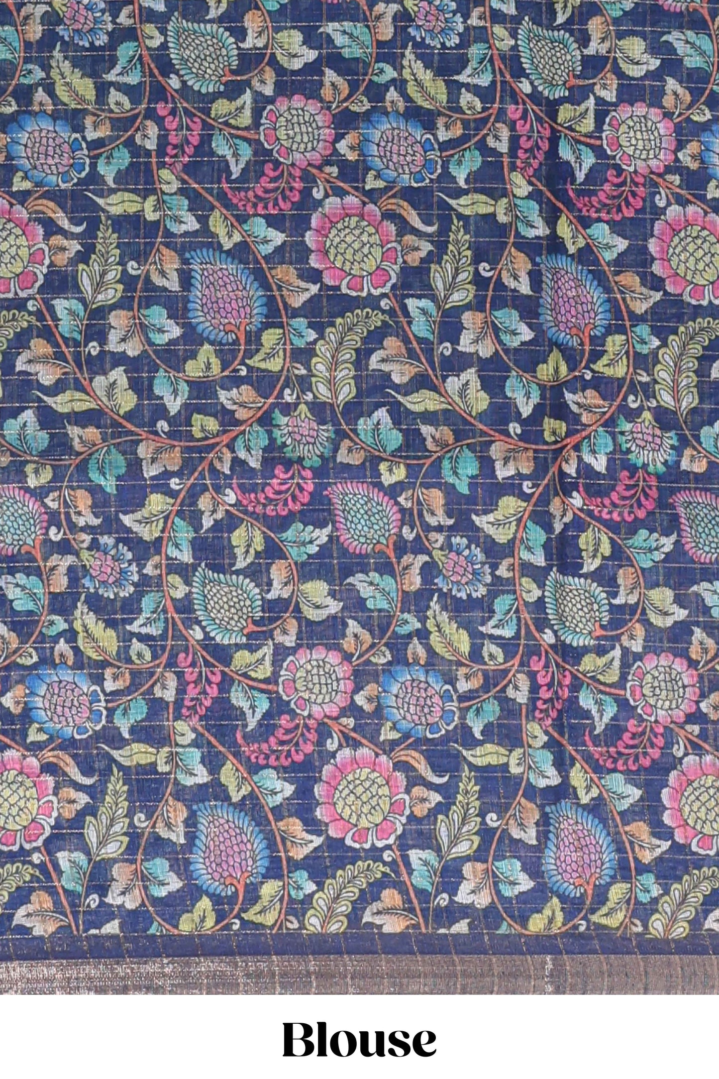 Green and blue dual shade checked checked linen cotton saree with self zari border printed blouse