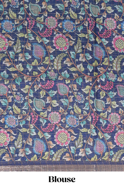 Green and blue dual shade checked checked linen cotton saree with self zari border printed blouse