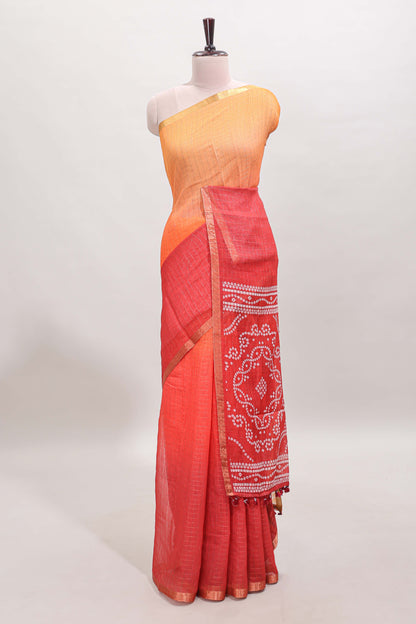 Orange and red dual shade checked checked linen cotton saree with self zari border printed blouse