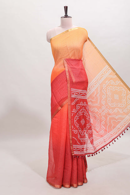 Orange and red dual shade checked checked linen cotton saree with self zari border printed blouse