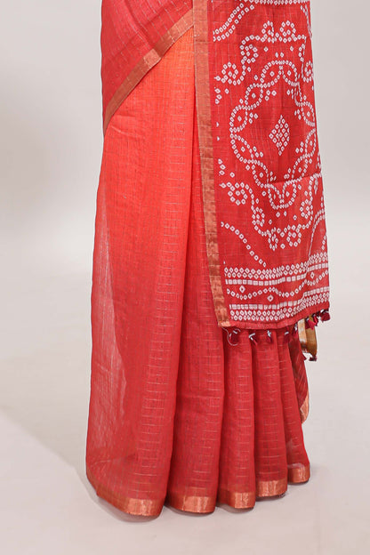 Orange and red dual shade checked checked linen cotton saree with self zari border printed blouse