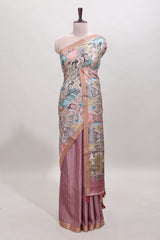 Onion pink kalamkari style art tussar saree with self zari border and blouse