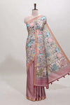 Onion pink kalamkari style art tussar saree with self zari border and blouse