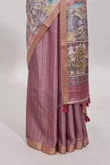 Onion pink kalamkari style art tussar saree with self zari border and blouse