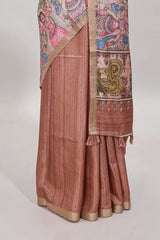 Peach kalamkari style art tussar saree with self zari border and blouse