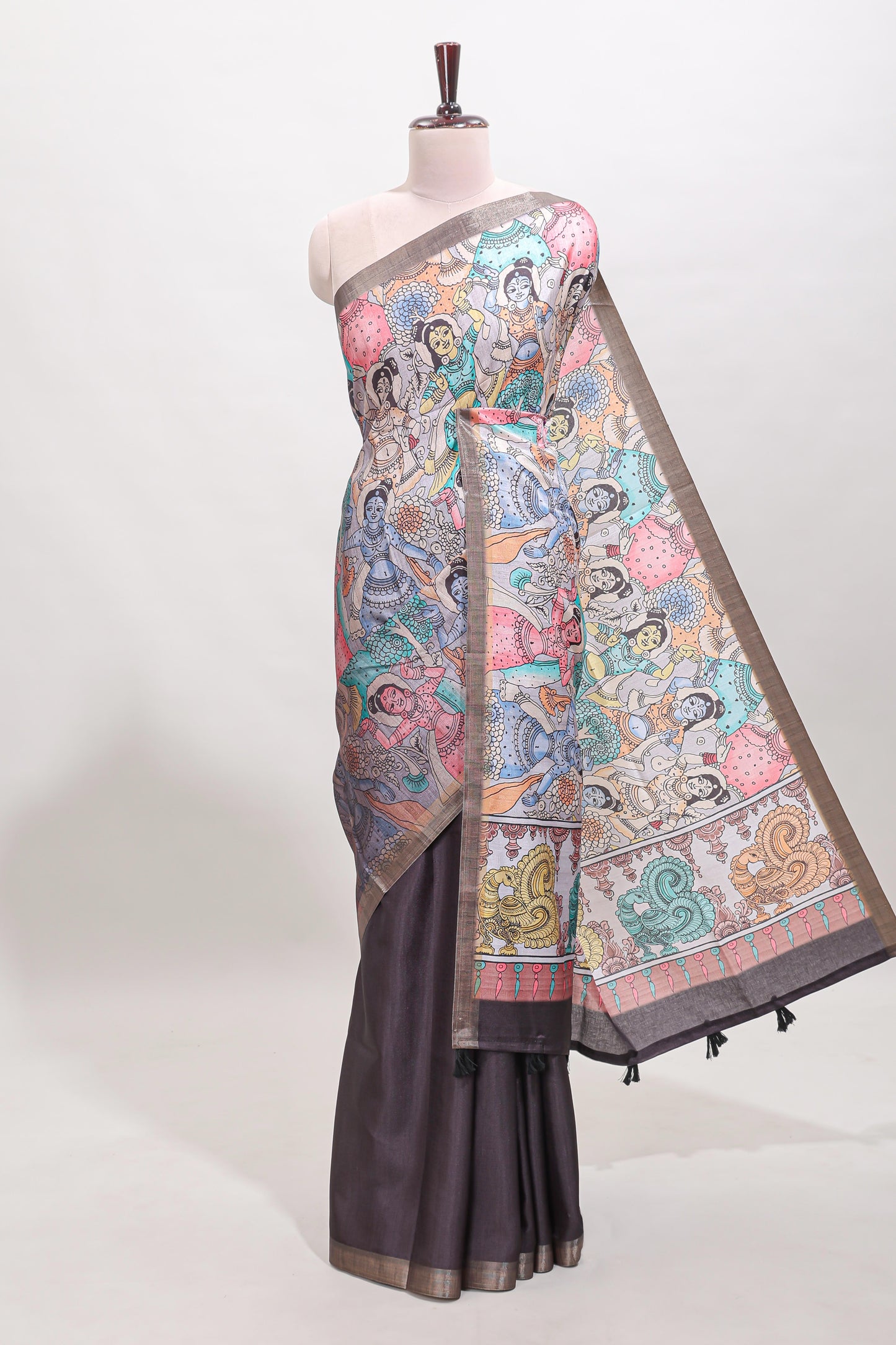 Dark brown kalamkari style tussar saree with self zari border and matching blouse