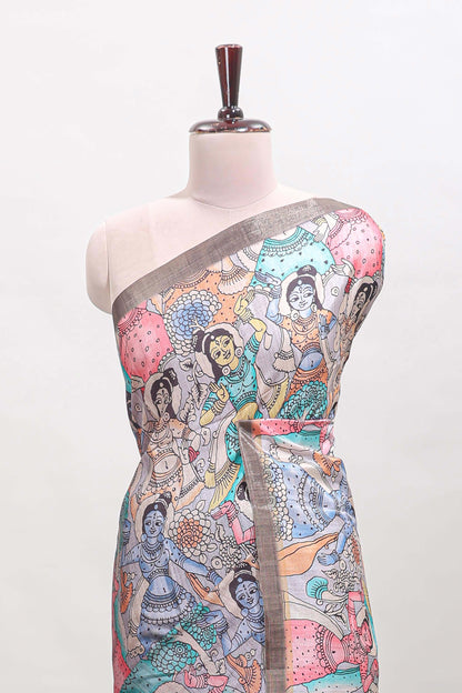 Dark brown kalamkari style tussar saree with self zari border and matching blouse