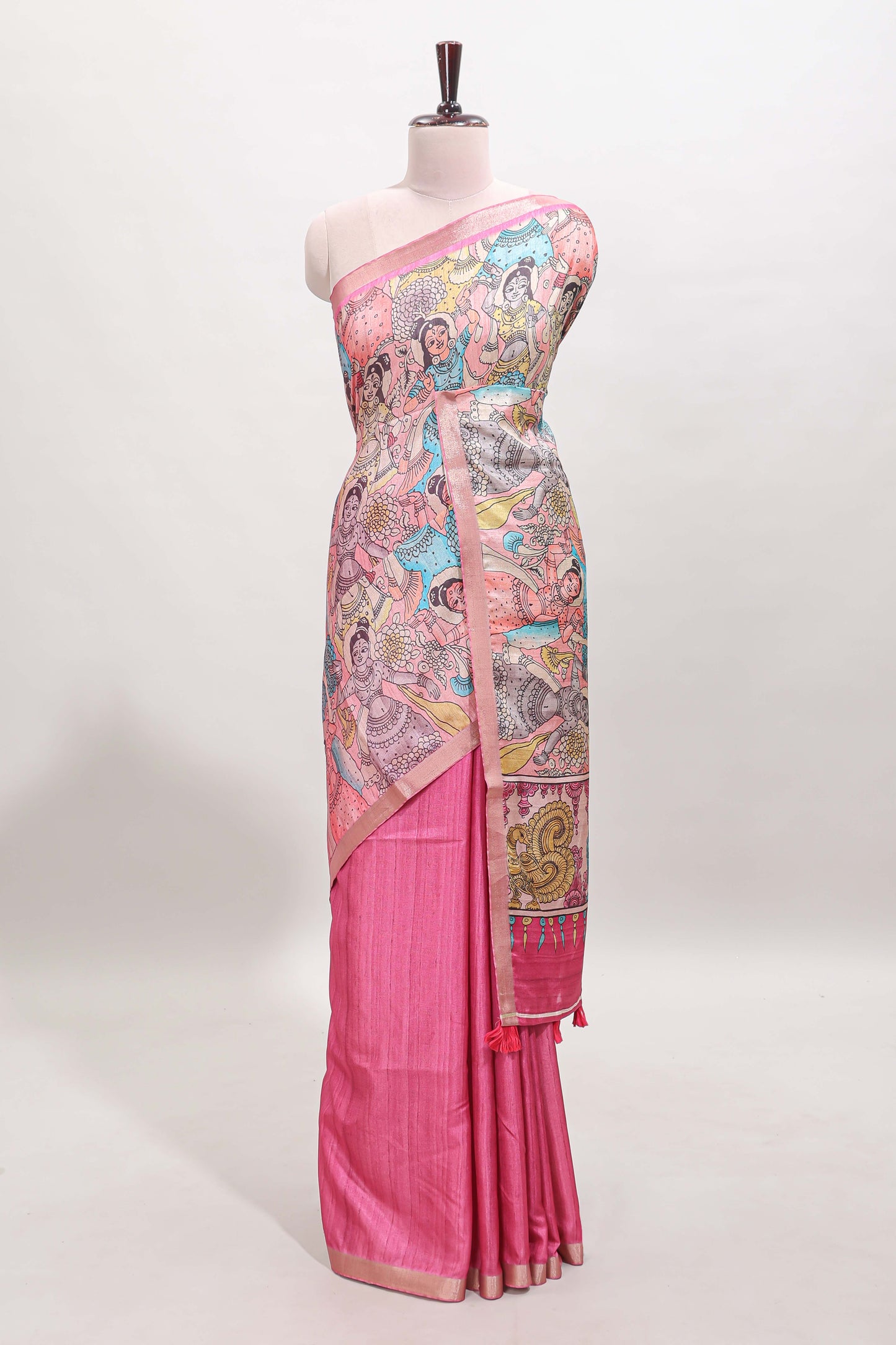 Pink kalamkari style art tussar saree with self zari border and blouse