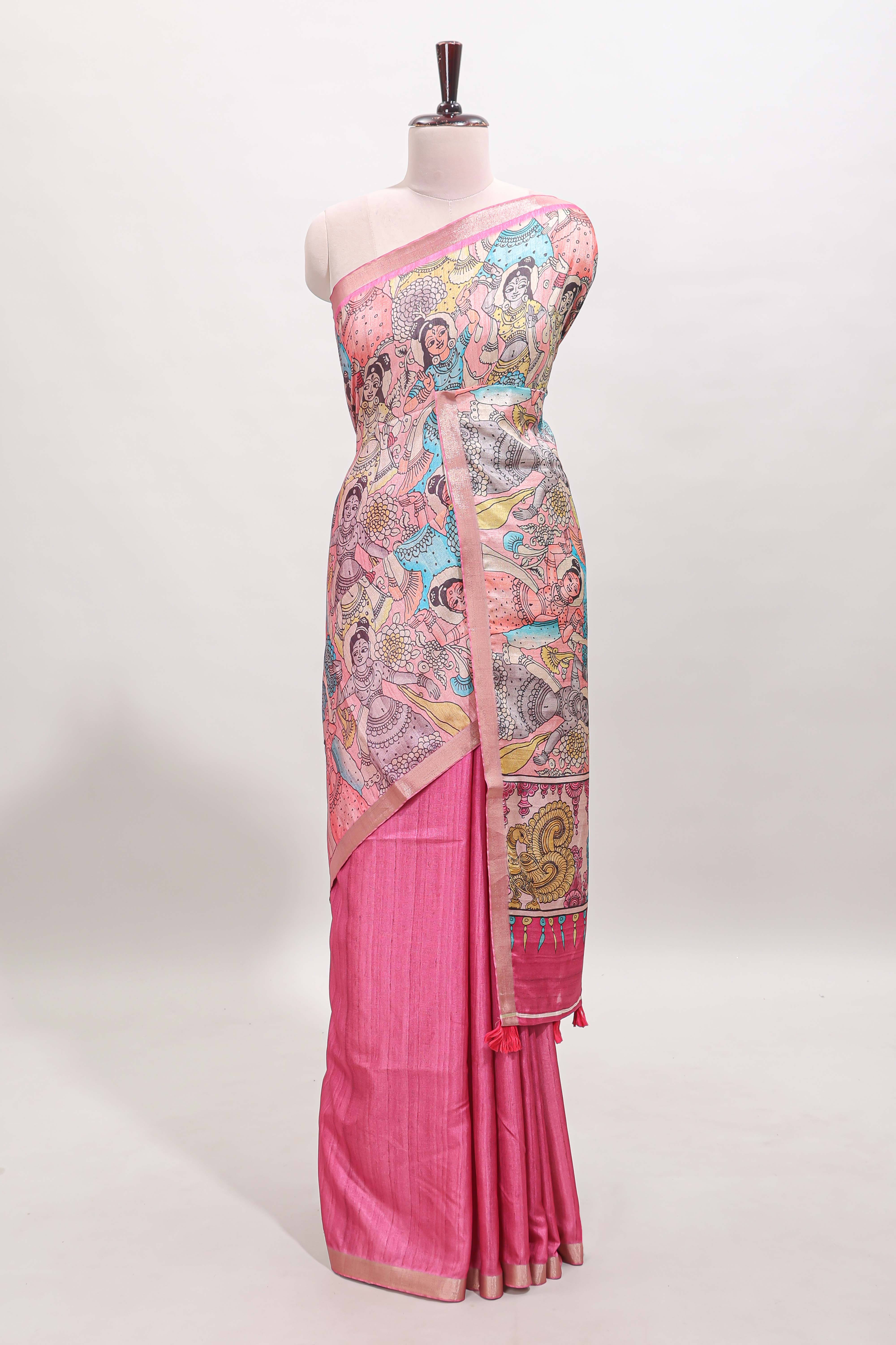 Pink kalamkari style art tussar saree with self zari border and blouse