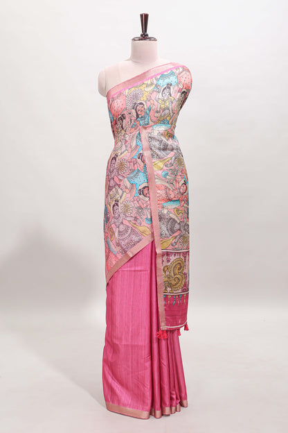 Pink kalamkari style art tussar saree with self zari border and blouse
