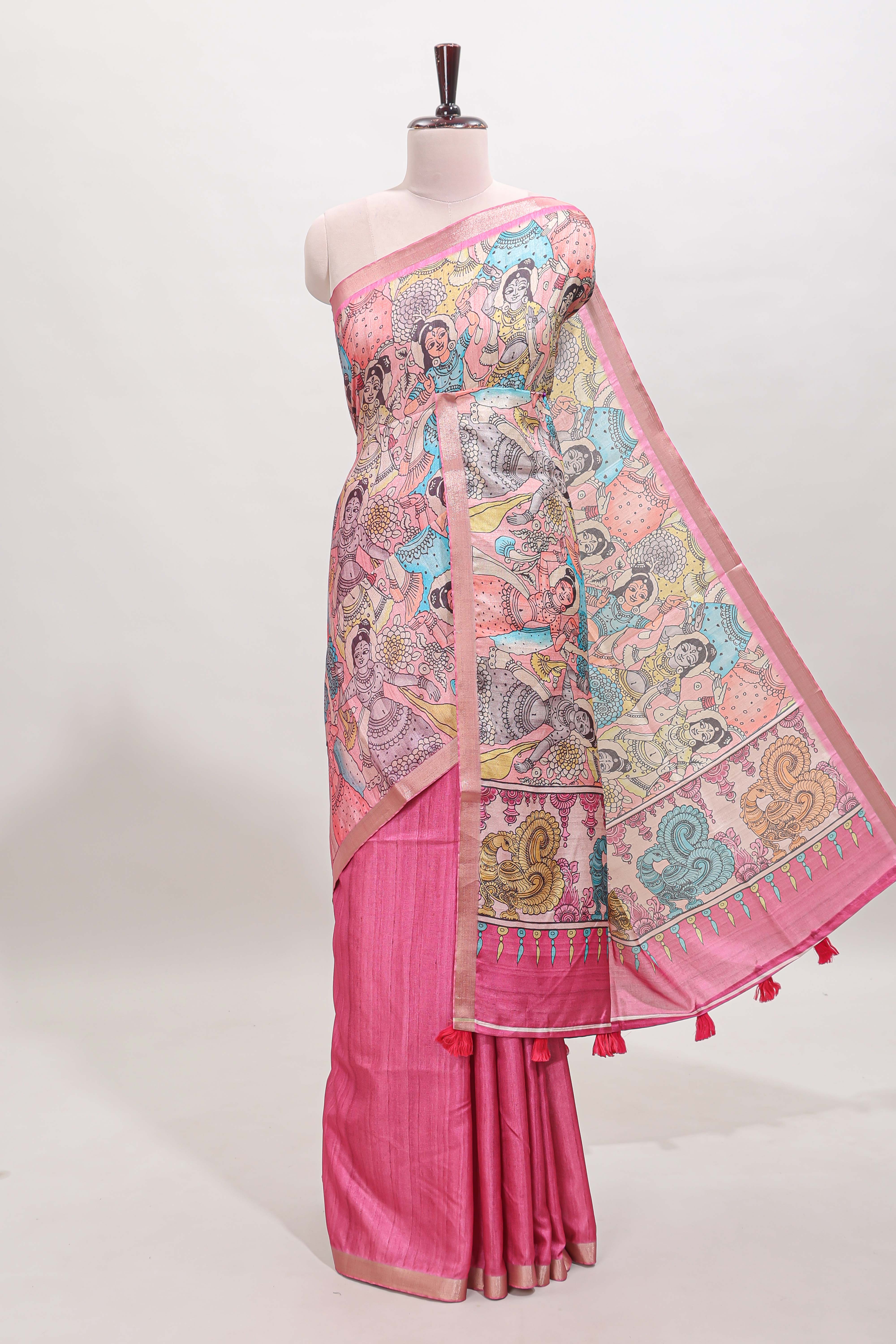 Pink kalamkari style art tussar saree with self zari border and blouse