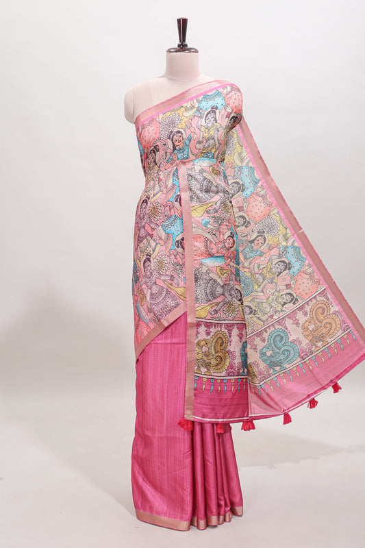 Pink kalamkari style art tussar saree with self zari border and blouse