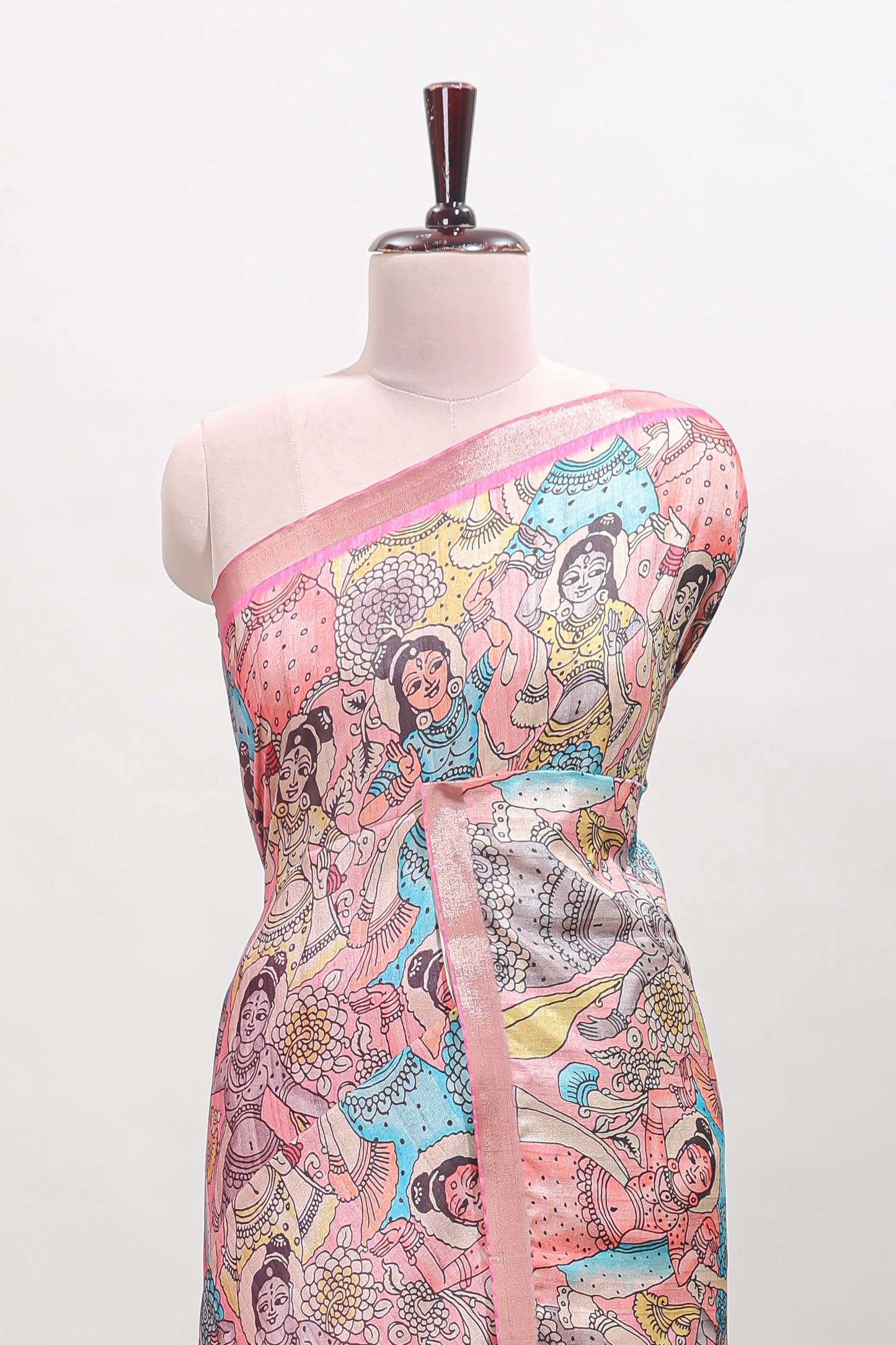 Pink kalamkari style art tussar saree with self zari border and blouse