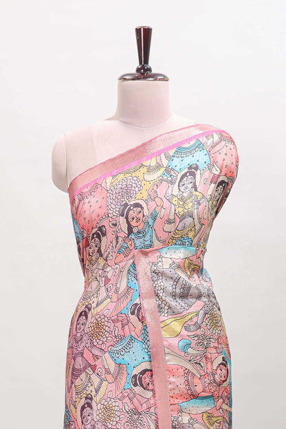 Pink kalamkari style art tussar saree with self zari border and blouse