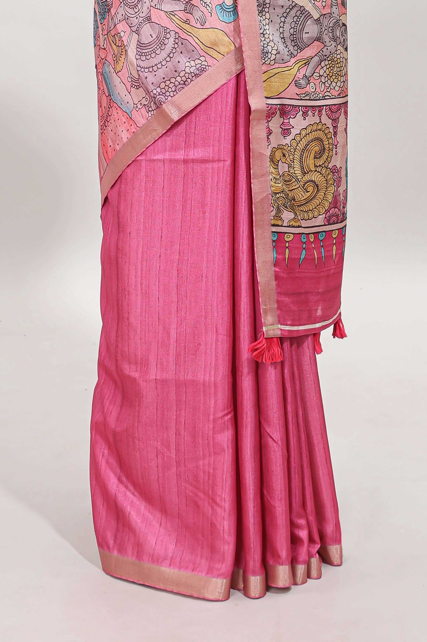 Pink kalamkari style art tussar saree with self zari border and blouse