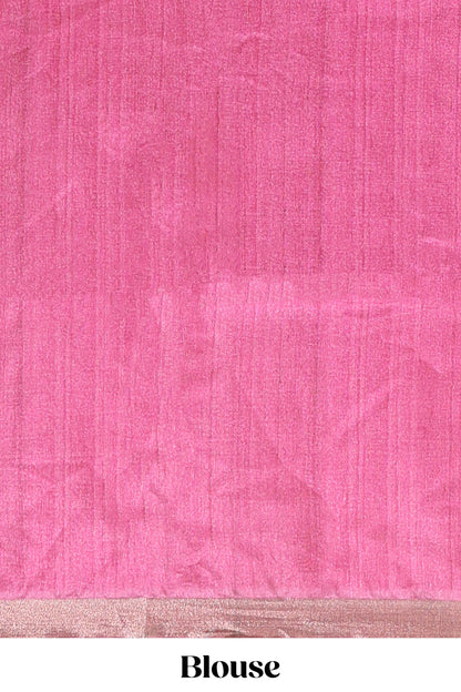 Pink kalamkari style art tussar saree with self zari border and blouse