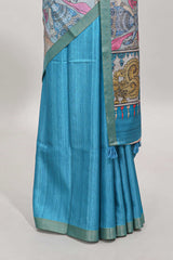 Blue kalamkari style art tussar saree with self zari border and blouse