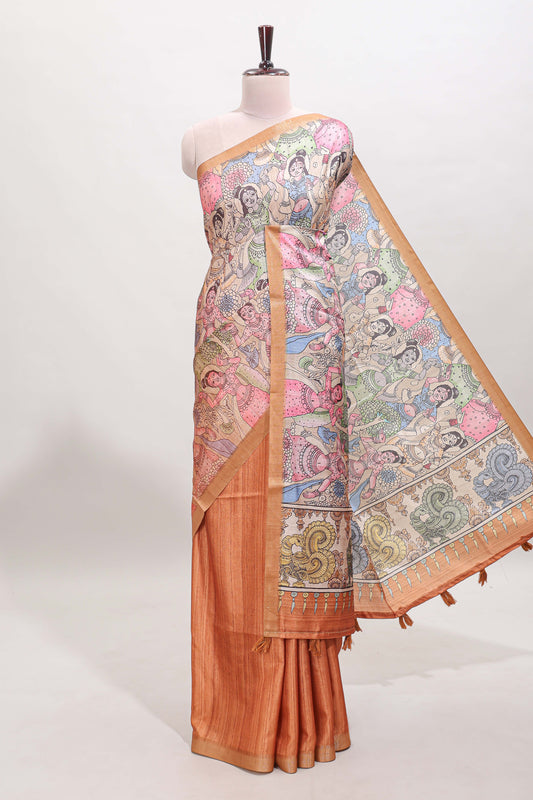Orange kalamkari style art tussar saree with self zari border and blouse