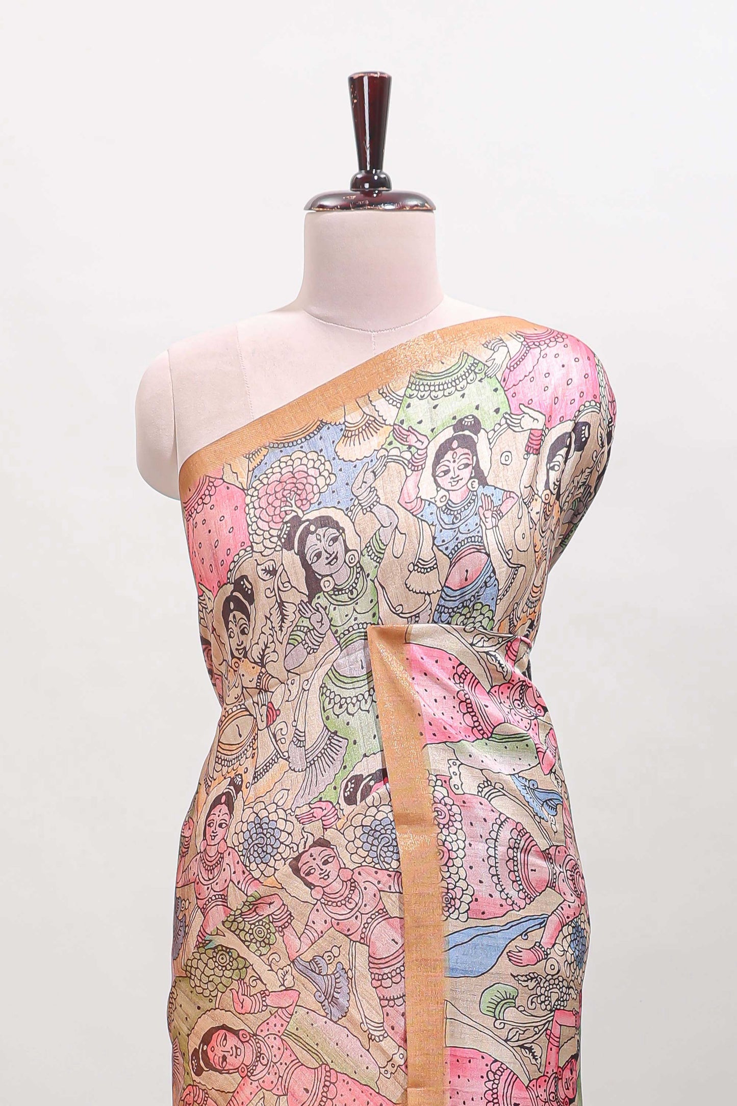 Orange kalamkari style art tussar saree with self zari border and blouse