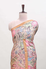 Orange kalamkari style art tussar saree with self zari border and blouse
