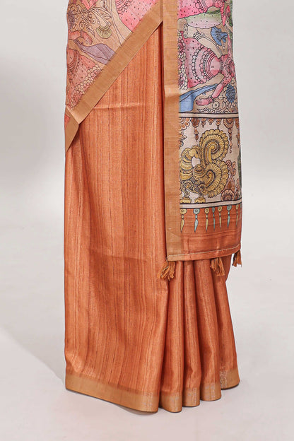 Orange kalamkari style art tussar saree with self zari border and blouse