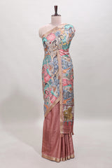 Peach kalamkari style tussar saree with self zari border and matching blouse