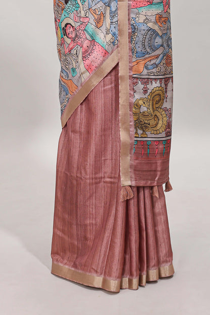 Peach kalamkari style tussar saree with self zari border and matching blouse