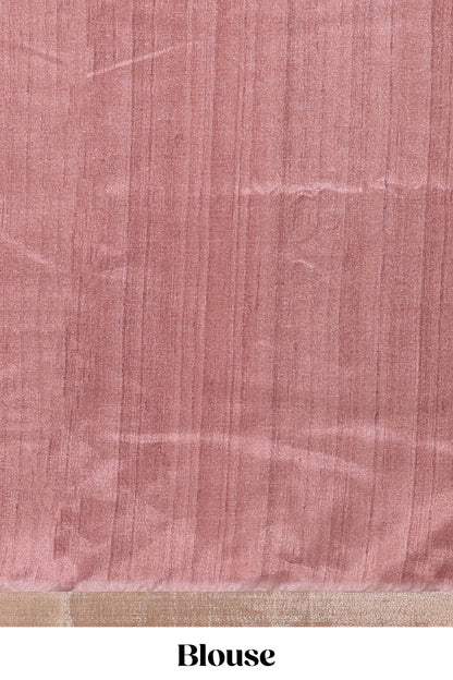 Peach kalamkari style tussar saree with self zari border and matching blouse
