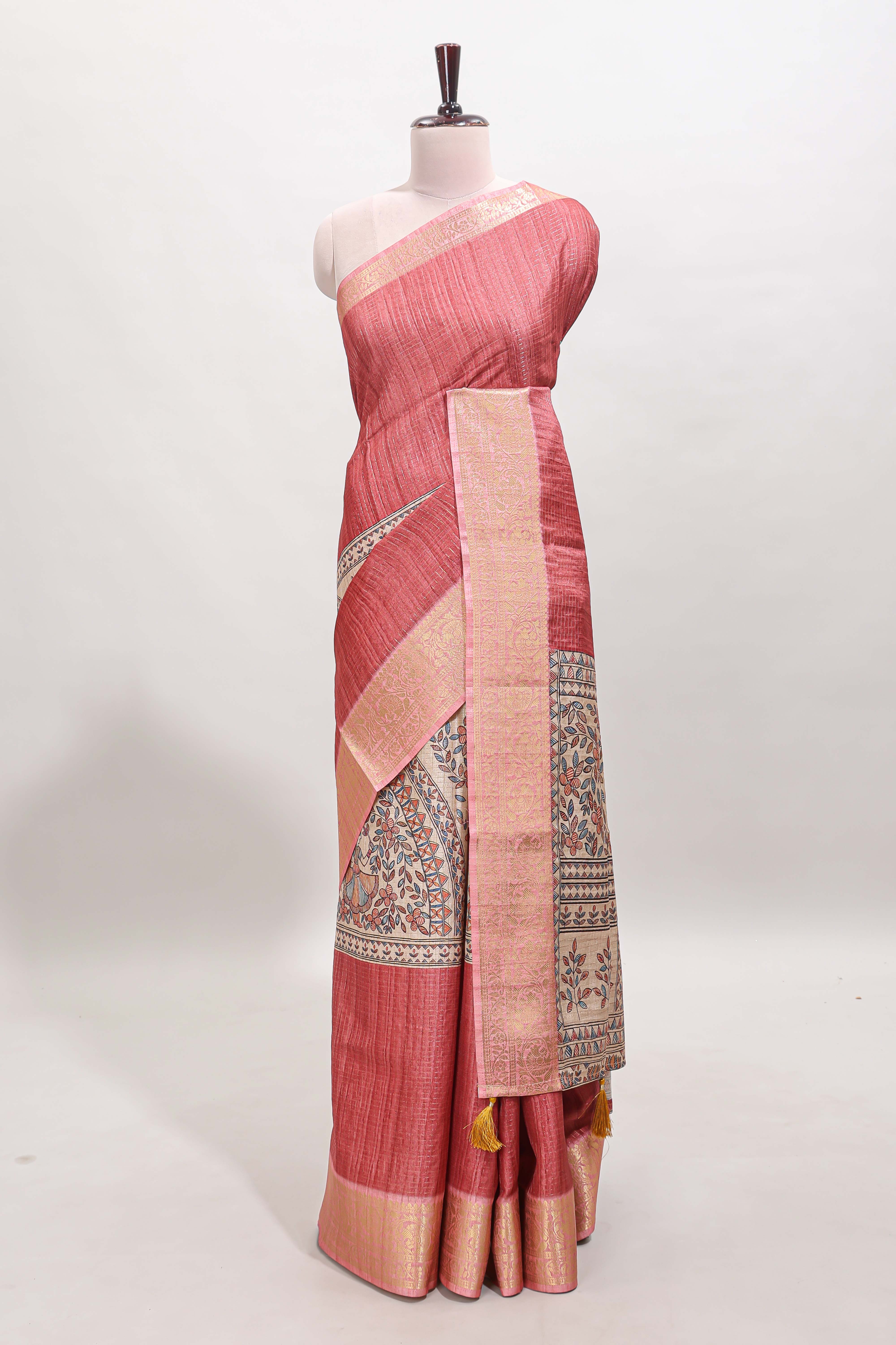 Brick red ditsy floral print art tussar saree with contrast zari border and matching blouse
