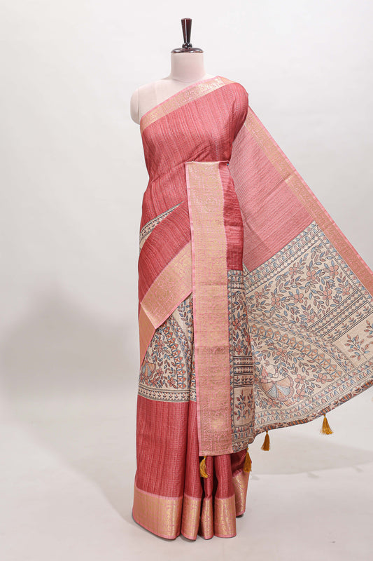 Brick red ditsy floral print art tussar saree with contrast zari border and matching blouse