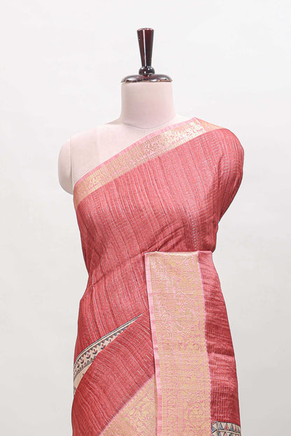 Brick red ditsy floral print art tussar saree with contrast zari border and matching blouse