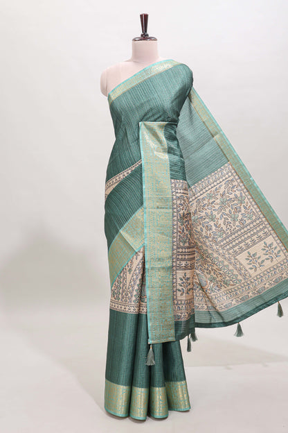 Green ditsy floral print art tussar saree with contrast zari border and matching blouse