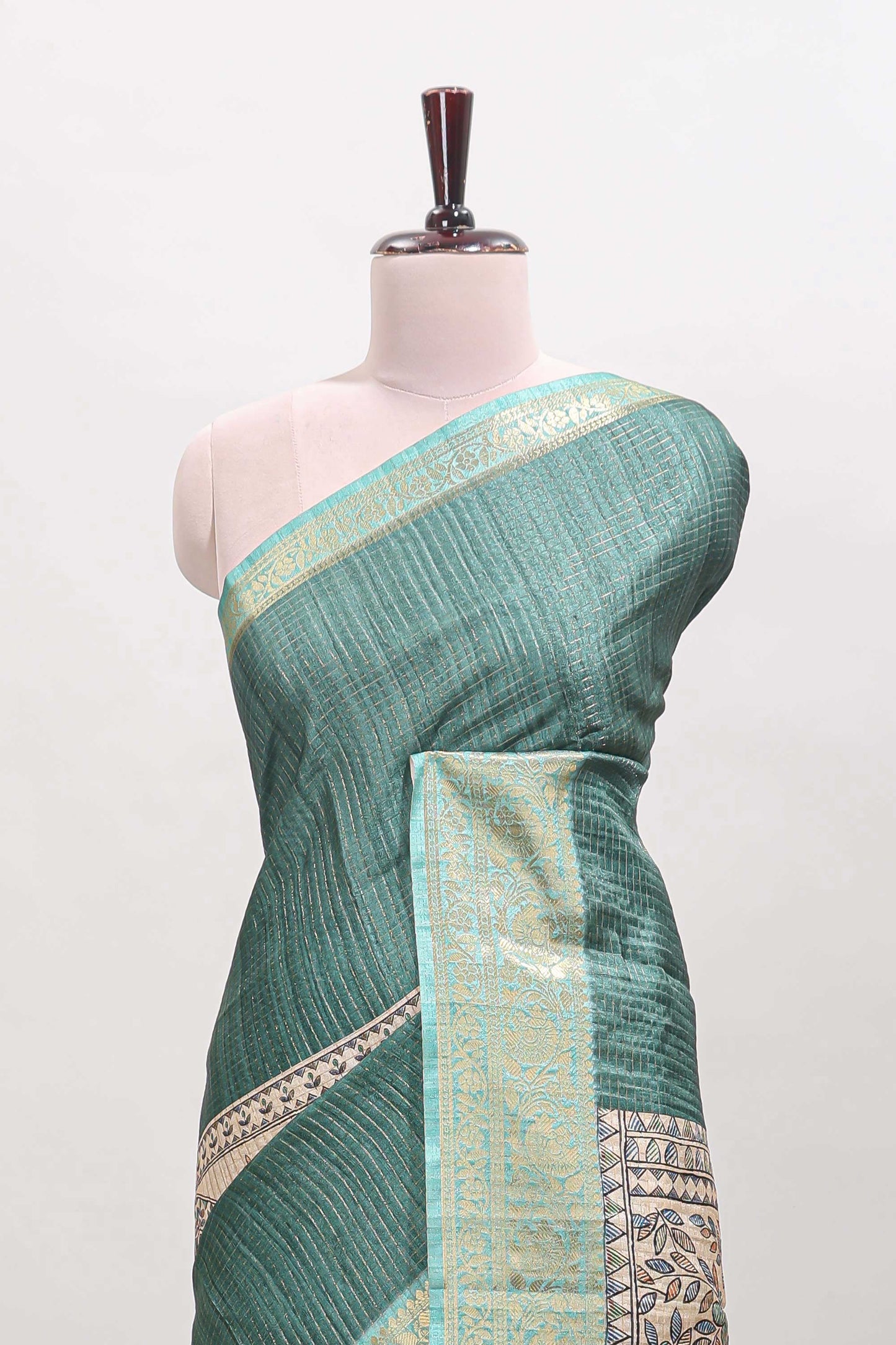 Green ditsy floral print art tussar saree with contrast zari border and matching blouse
