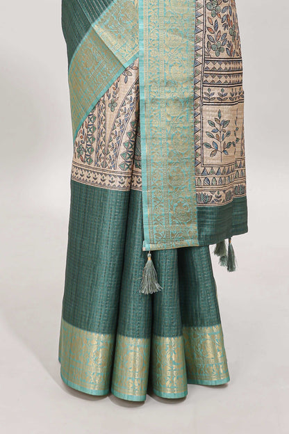Green ditsy floral print art tussar saree with contrast zari border and matching blouse