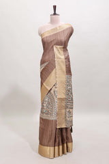 Brown ditsy floral print art tussar saree with contrast zari border and matching blouse