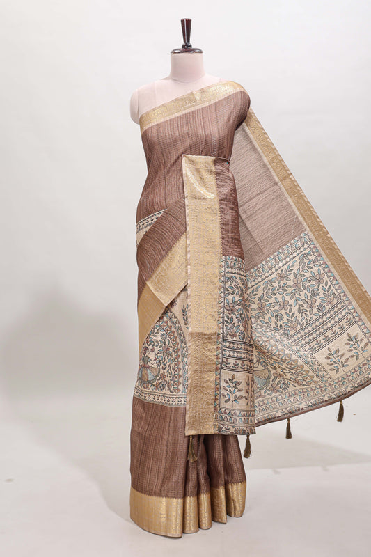 Brown ditsy floral print art tussar saree with contrast zari border and matching blouse