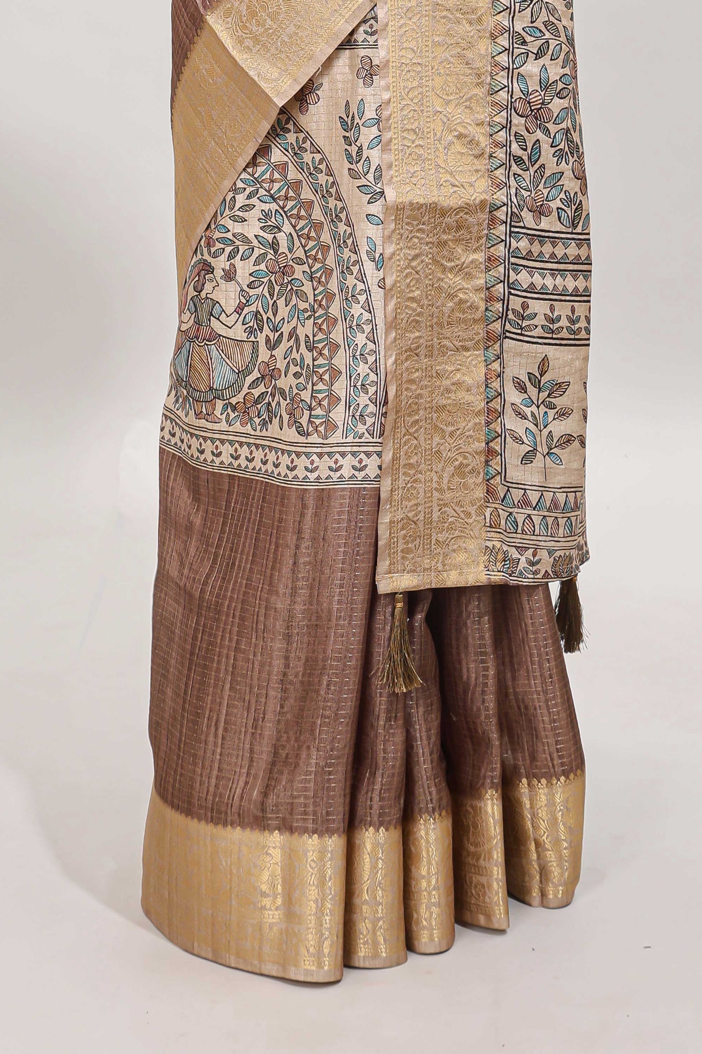 Brown ditsy floral print art tussar saree with contrast zari border and matching blouse