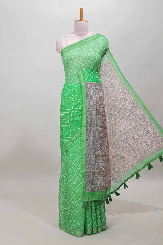 Green geometric pattern bandhani style linen cotton saree with self zari border and contrast printed pallu & blouse