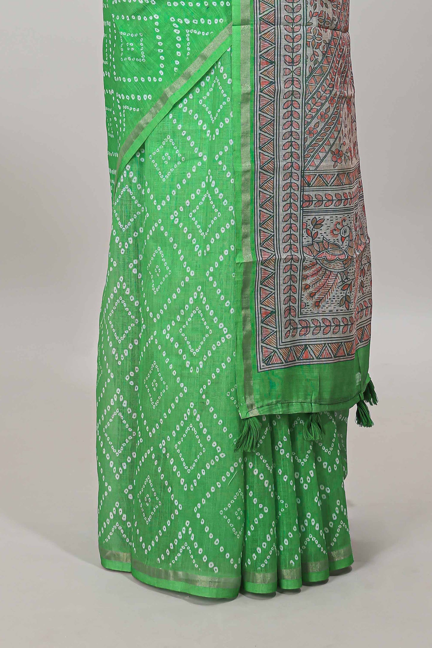 Green geometric pattern bandhani style linen cotton saree with self zari border and contrast printed pallu & blouse