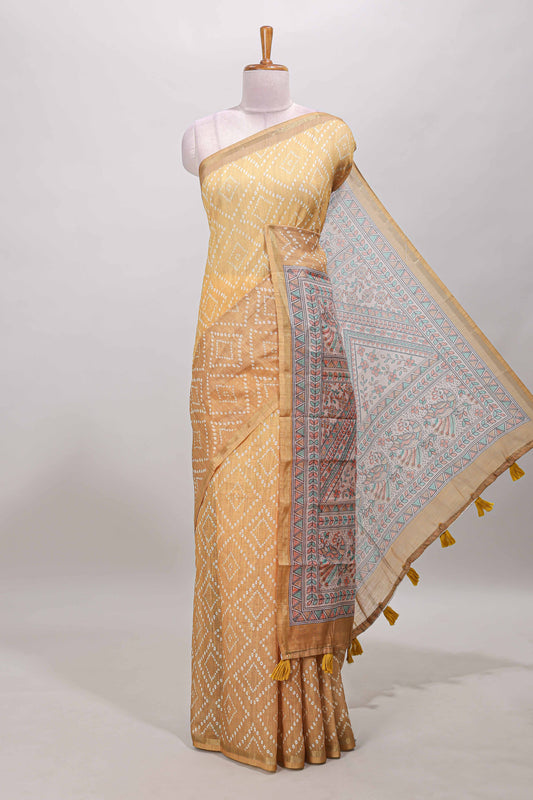 Sandal geometric pattern bandhani style linen cotton saree with self zari border and contrast printed pallu & blouse