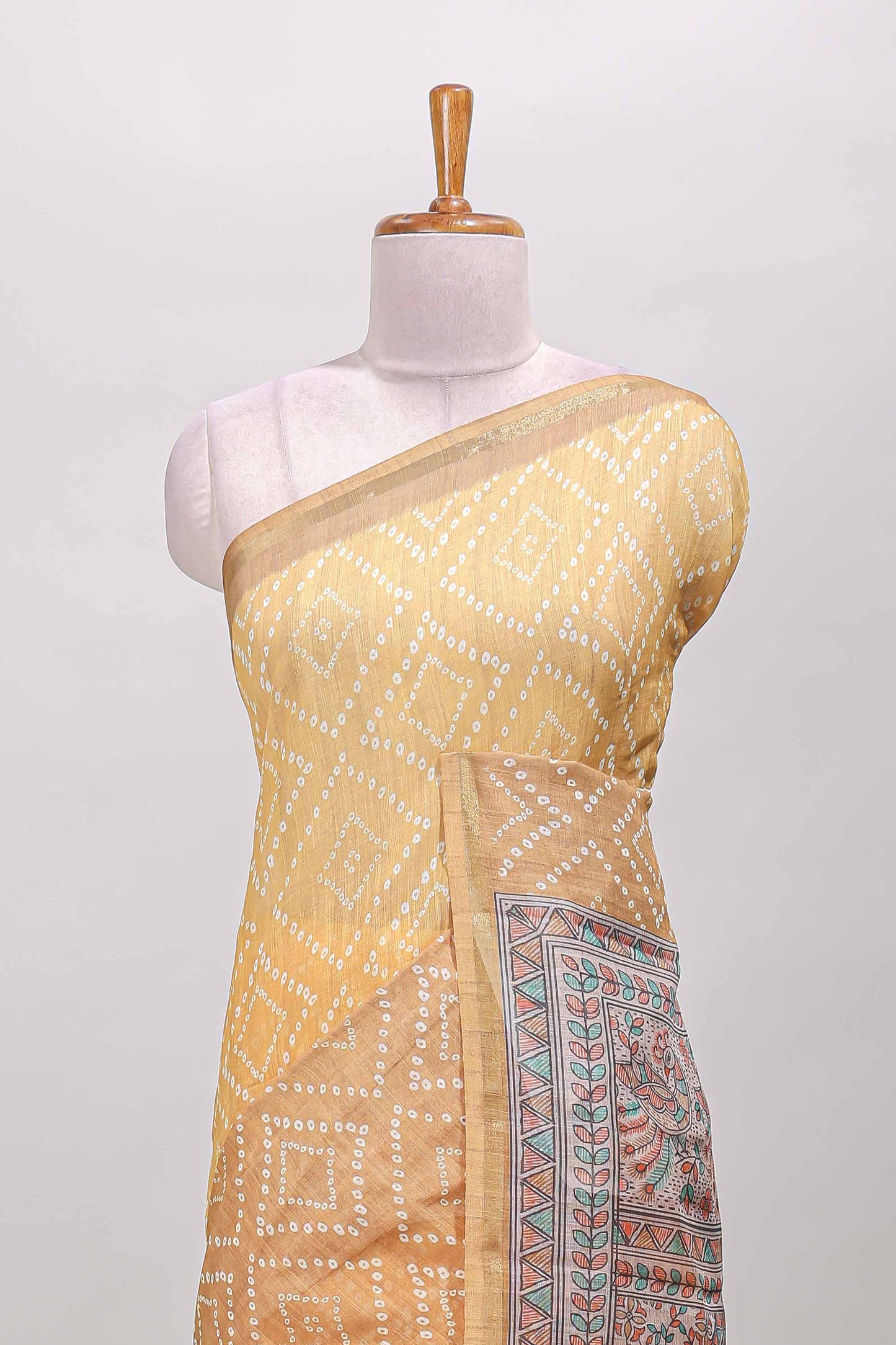 Sandal geometric pattern bandhani style linen cotton saree with self zari border and contrast printed pallu & blouse
