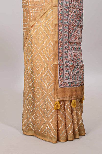 Sandal geometric pattern bandhani style linen cotton saree with self zari border and contrast printed pallu & blouse