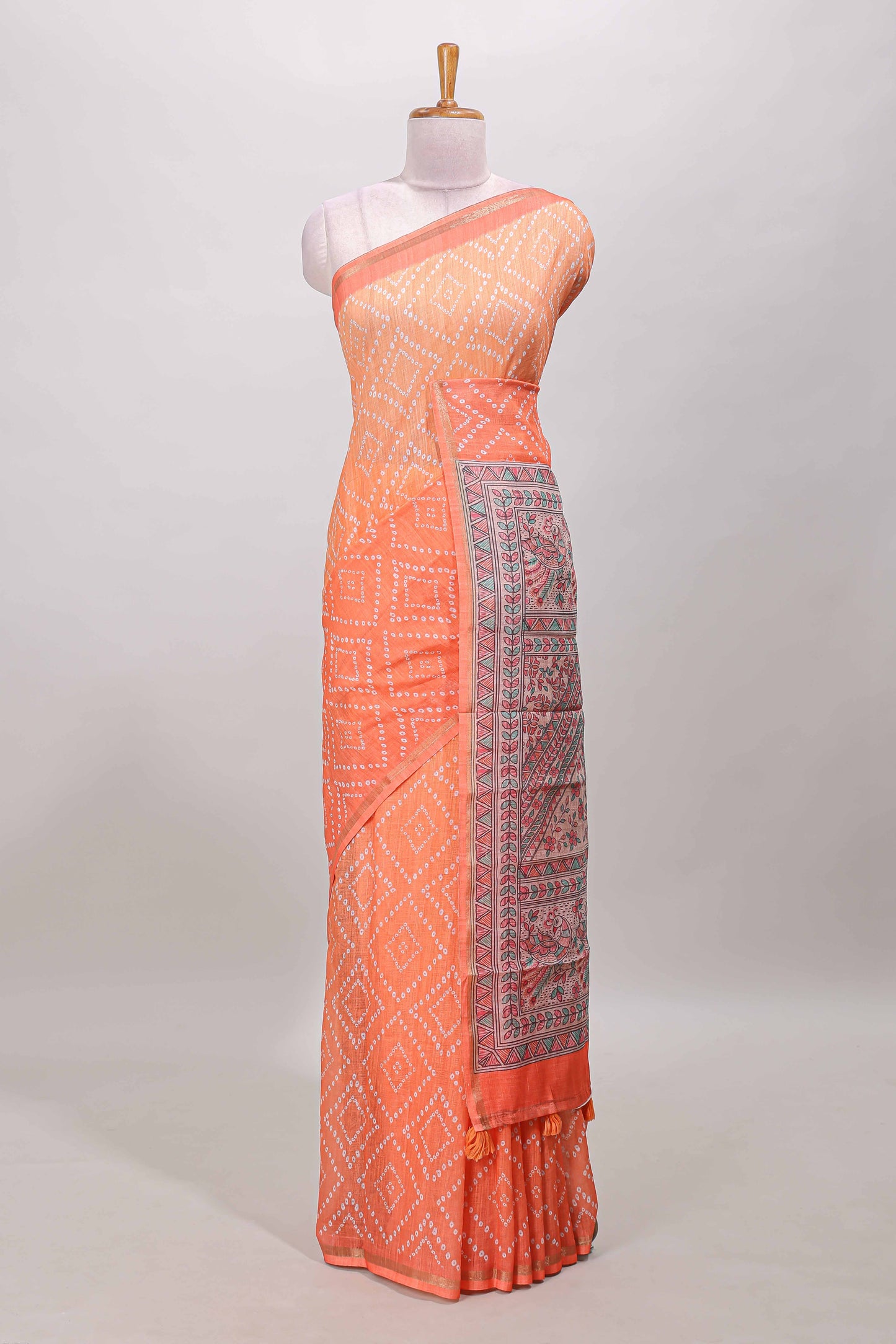 Orange geometric pattern bandhani style linen cotton saree with self zari border and contrast printed pallu & blouse