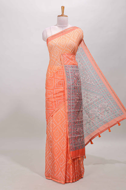 Orange geometric pattern bandhani style linen cotton saree with self zari border and contrast printed pallu & blouse