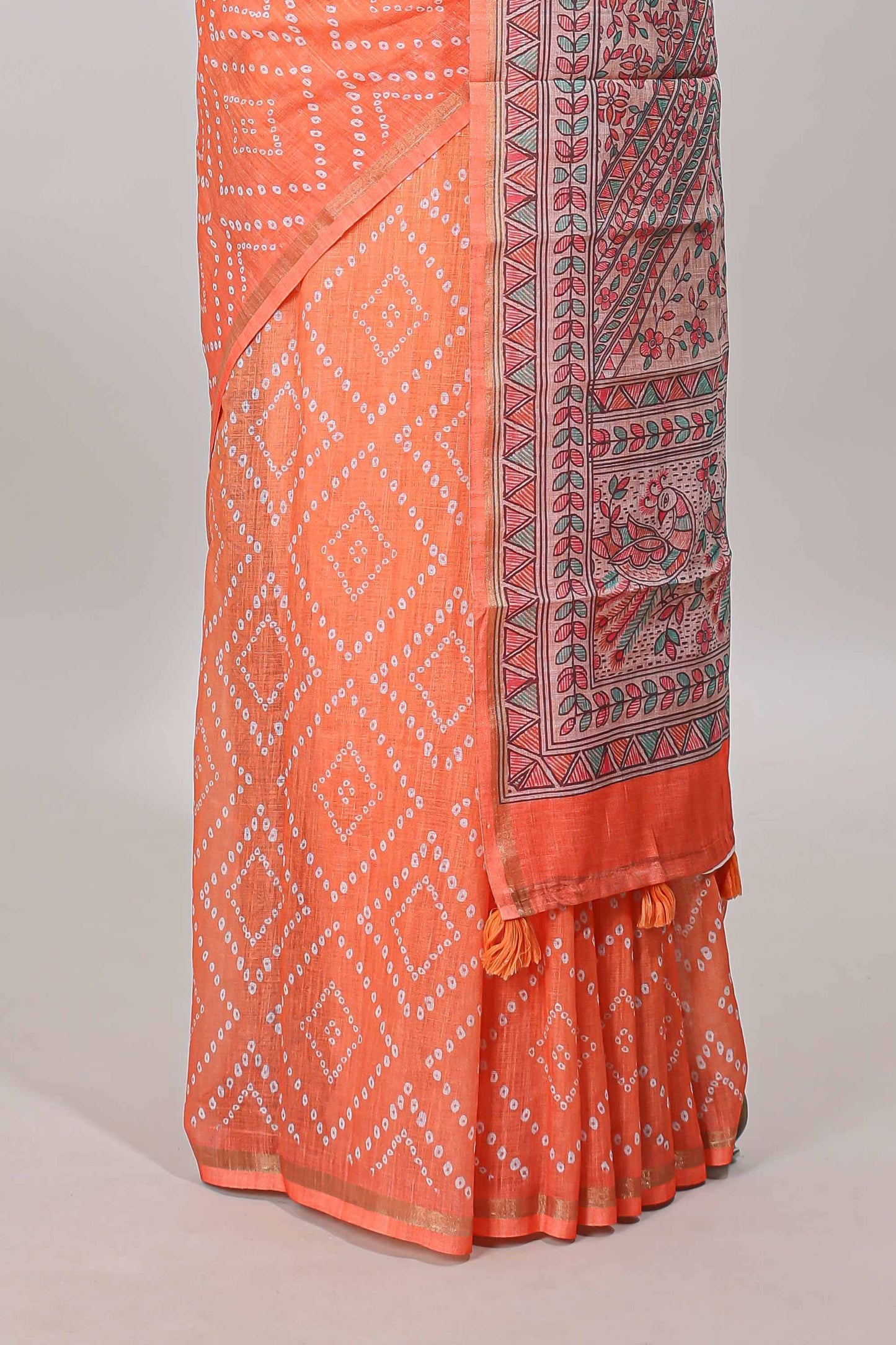 Orange geometric pattern bandhani style linen cotton saree with self zari border and contrast printed pallu & blouse