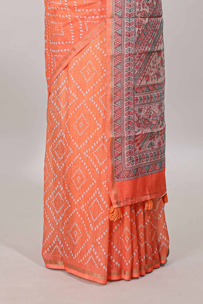 Orange geometric pattern bandhani style linen cotton saree with self zari border and contrast printed pallu & blouse