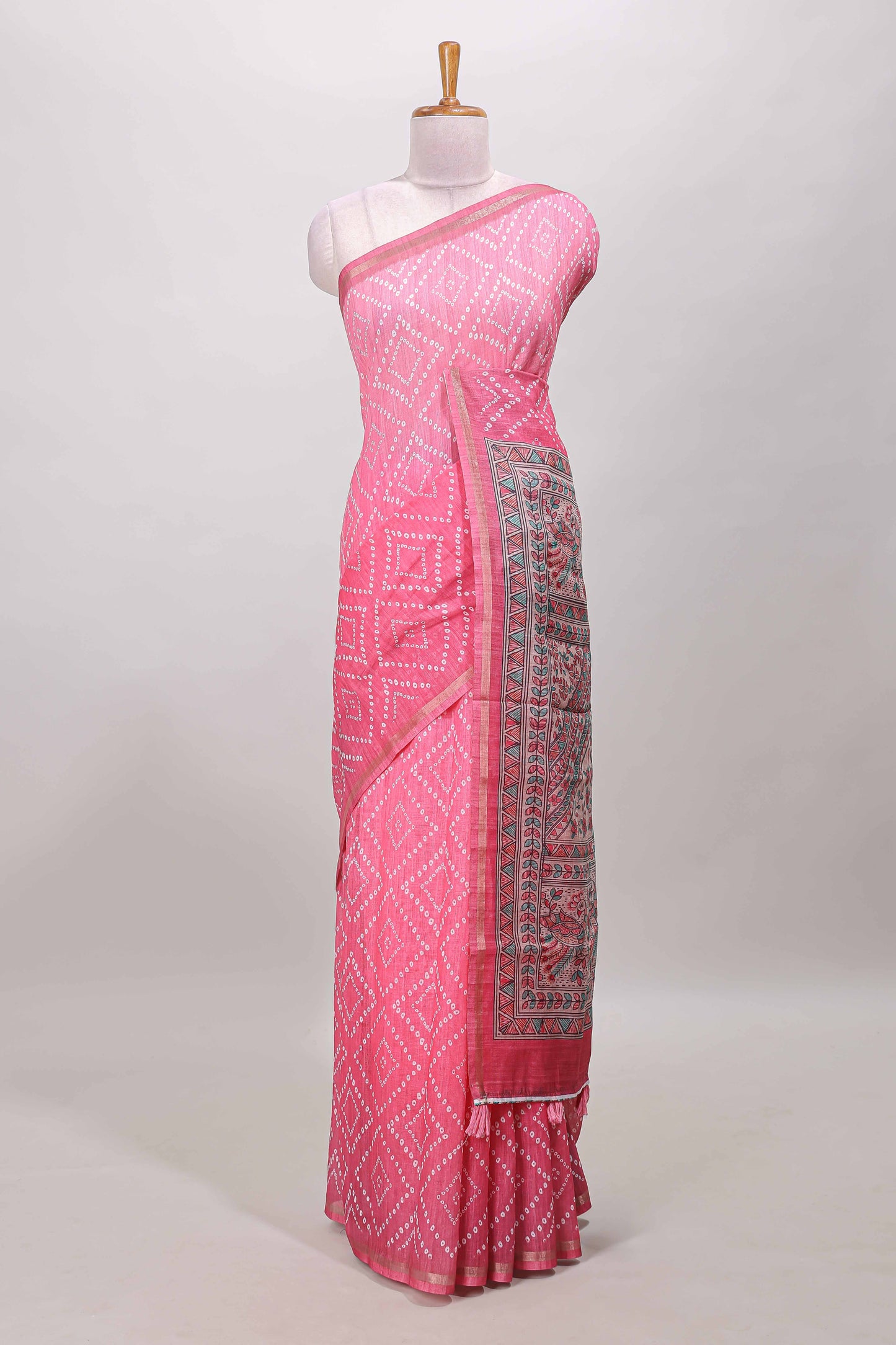 Pink geometric pattern bandhani style linen cotton saree with self zari border and contrast printed pallu & blouse