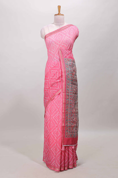 Pink geometric pattern bandhani style linen cotton saree with self zari border and contrast printed pallu & blouse