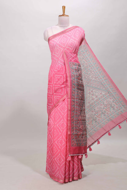 Pink geometric pattern bandhani style linen cotton saree with self zari border and contrast printed pallu & blouse